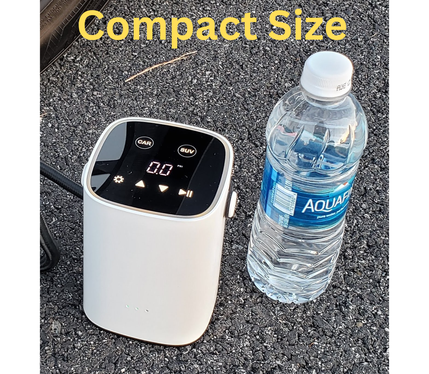 Go Air Max Tire Pump next to a bottle of water to showcase its compact size